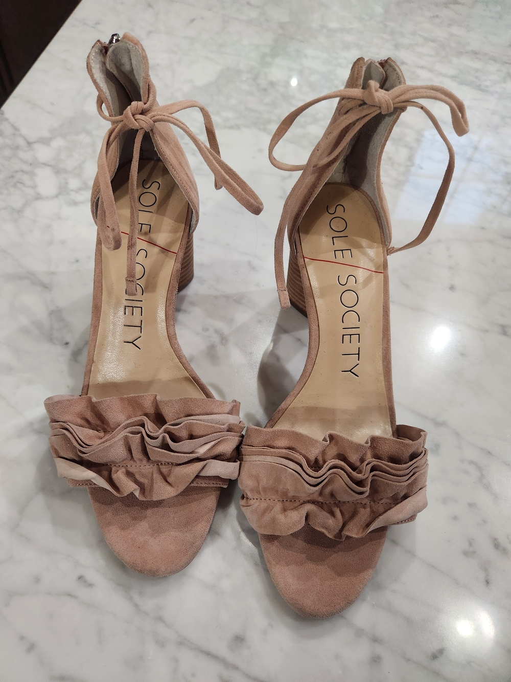 Sole Society Blush Ruffle Ankle-Tie Block Heels, Zip Up back.